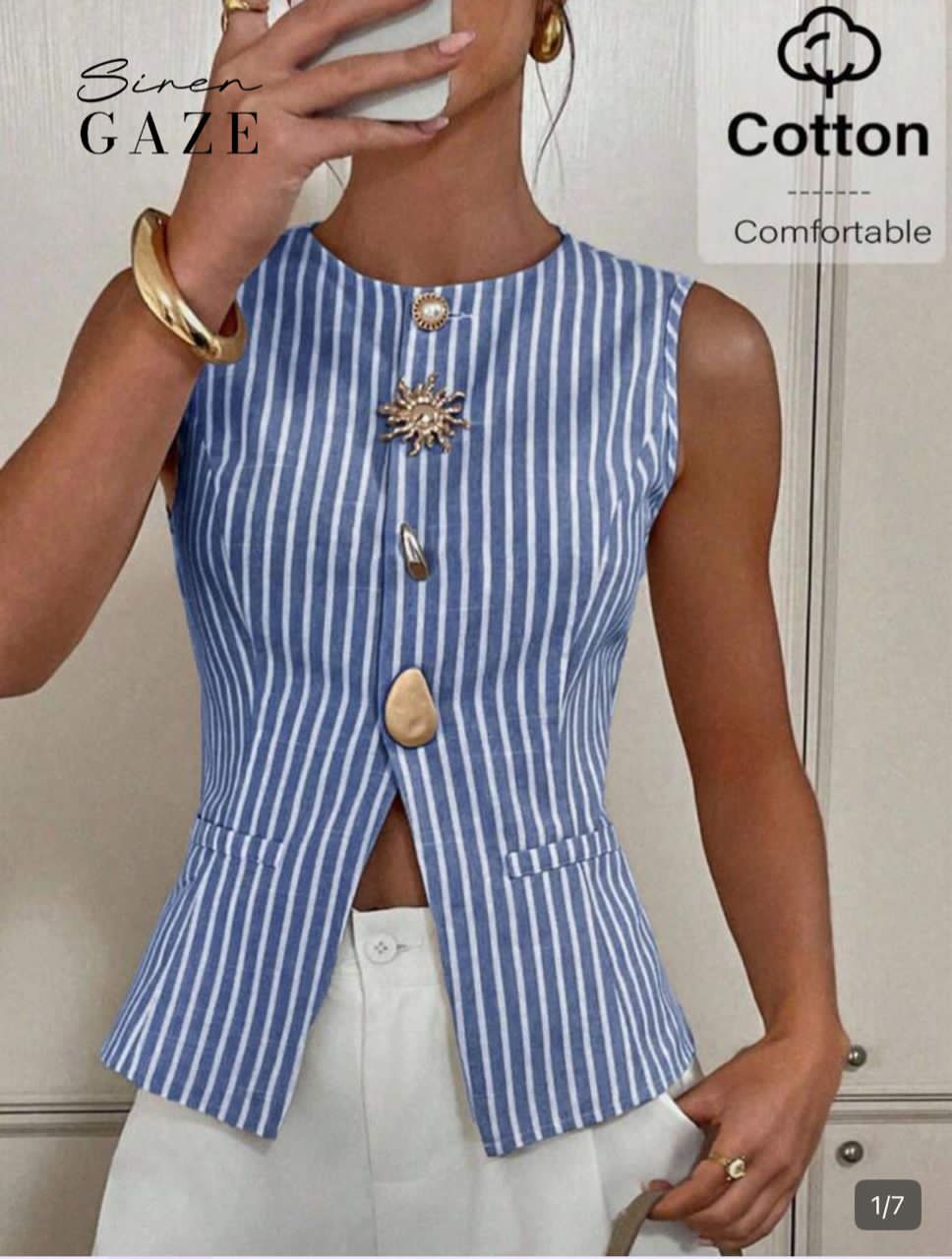 Camiseta de tirante de verano informal: Talla S/M, Color Azul y blanco