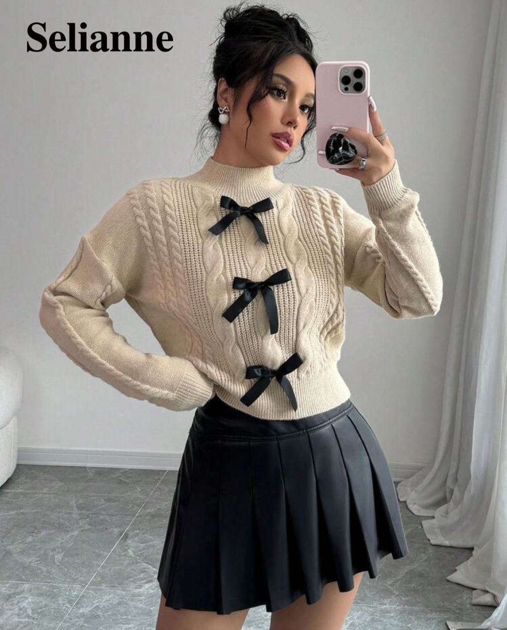 Suéter de mujer manga larga con puntos de lazo negro